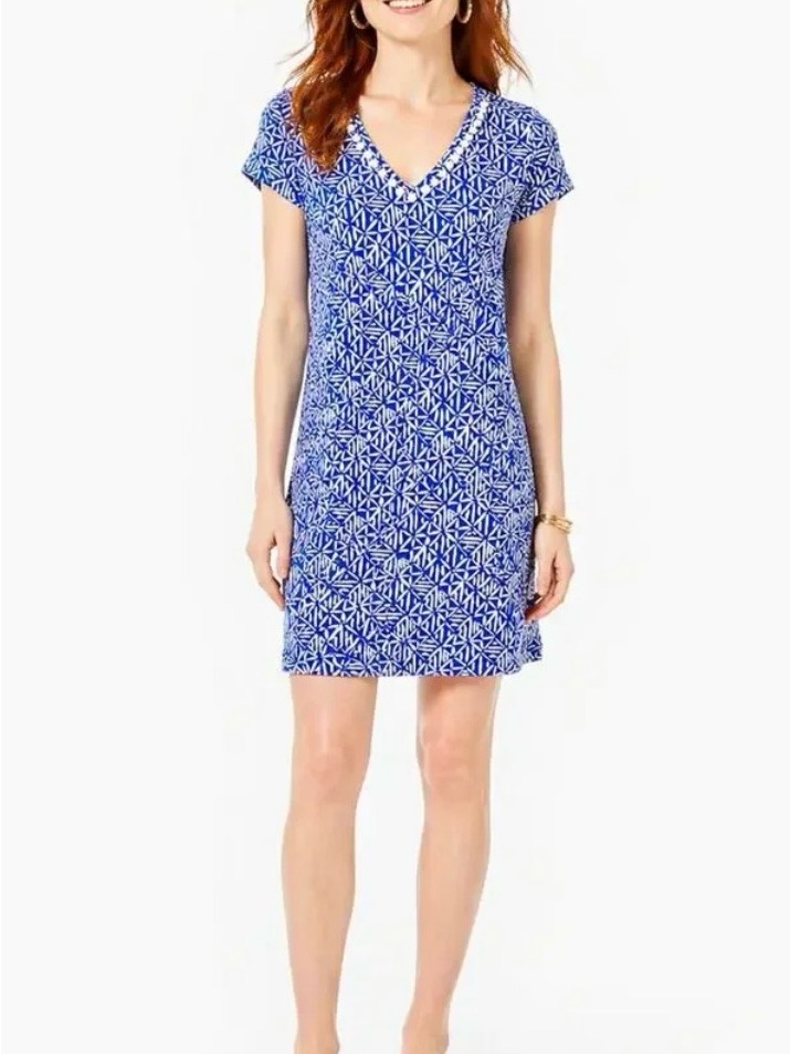 Lilly Pulitzer Etta Pom Pom Dress Xxs Blue White Geometric Print